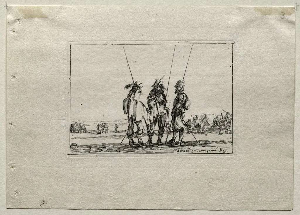 Caprices: Three Standing Soldiers, by Stefano Della Bella, 1642