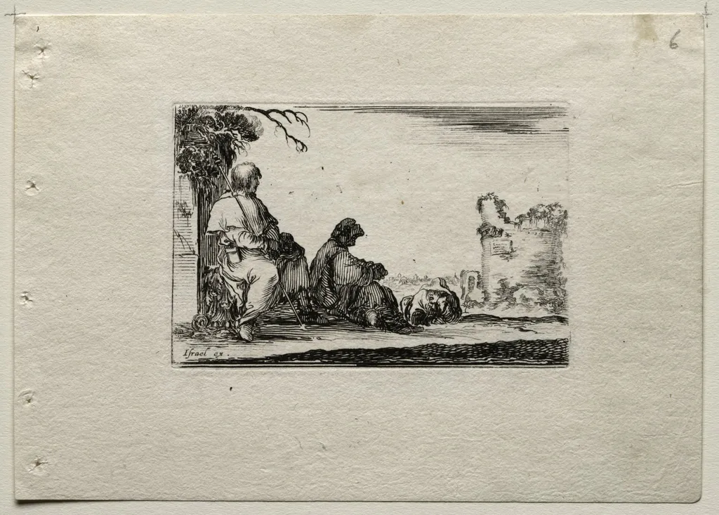 Caprices: Two Pilgrims Resting and a Peasant, by Stefano Della Bella, 1642