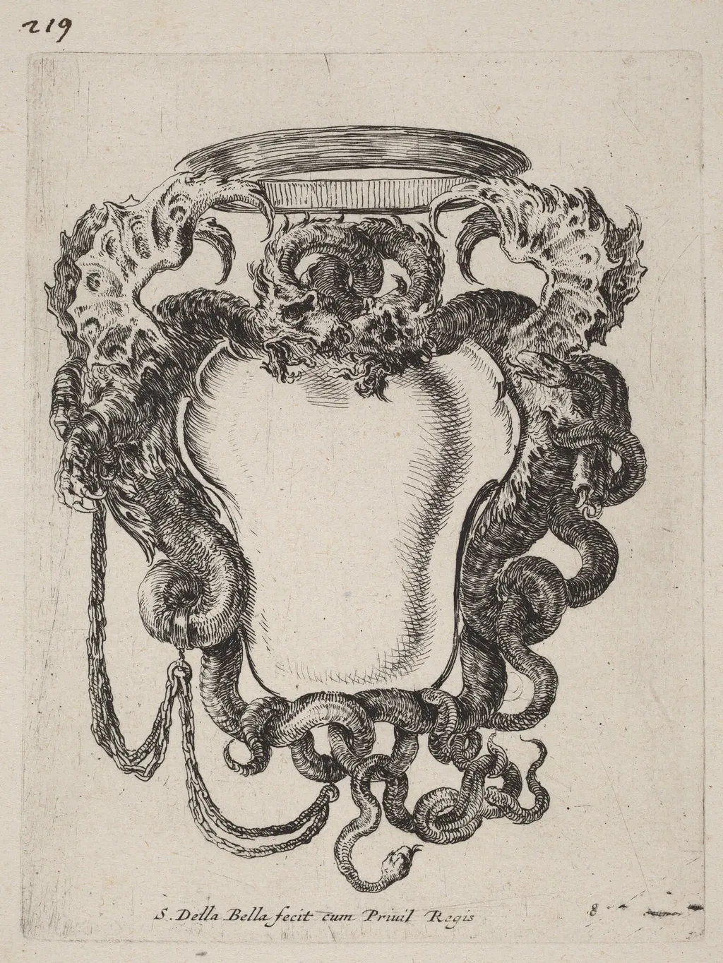 Cartouche Flanked by Dragons, by Stefano Della Bella, ink, 1647