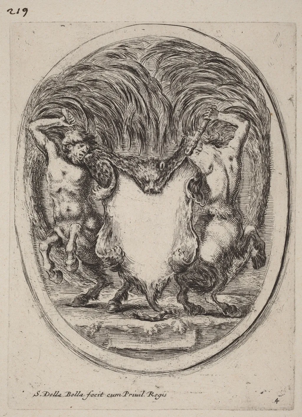 Cartouche in the Form of a Flayed Tiger Supported by Centaurs, by Stefano Della Bella, ink, 1647