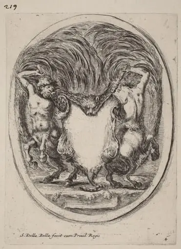 Cartouche in the Form of a Flayed Tiger Supported by Centaurs, by Stefano Della Bella