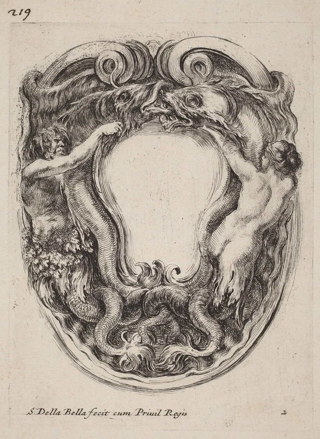 Cartouche Supported by Triton and Siren, by Stefano Della Bella, ink, 1647
