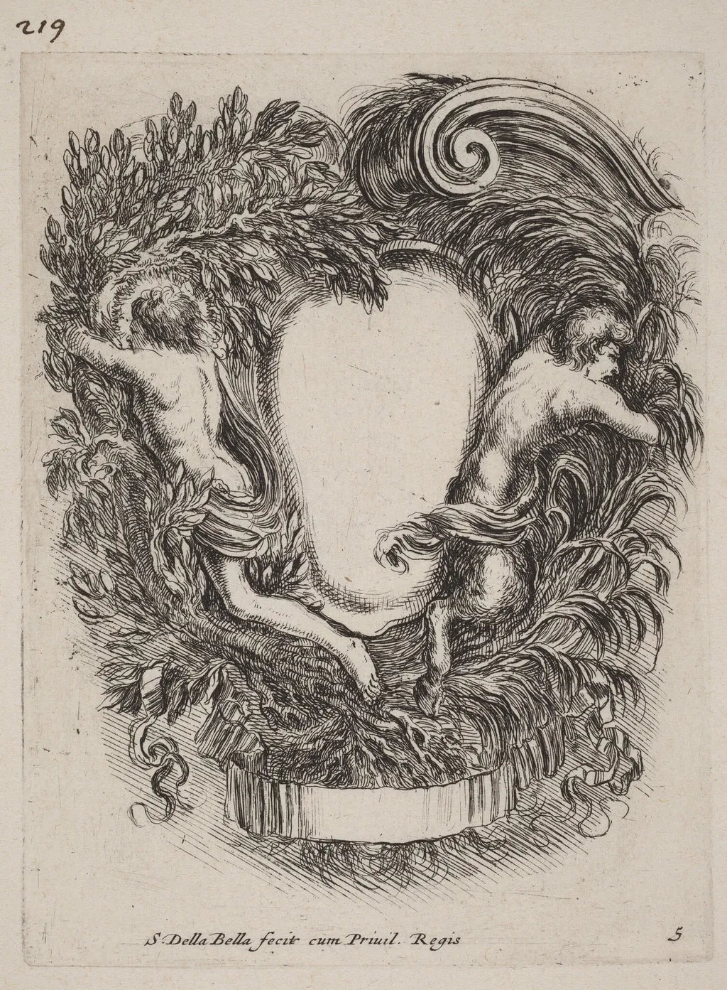 Cartouche with Apollo and Pan, by Stefano Della Bella, ink, 1647