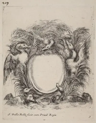 Cartouche with Ducks and Dogs, by Stefano Della Bella