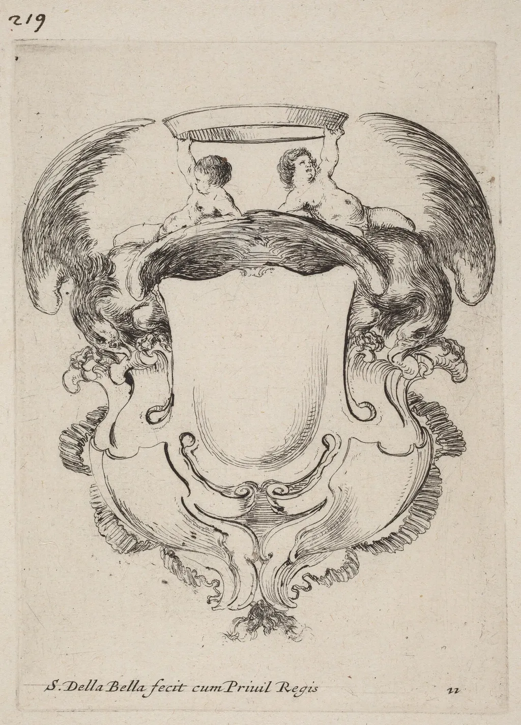 Cartouche with Eagles and Two Infants Holding a Crown, by Stefano Della Bella, ink, 1647