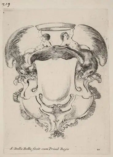 Cartouche with Eagles and Two Infants Holding a Crown, by Stefano Della Bella