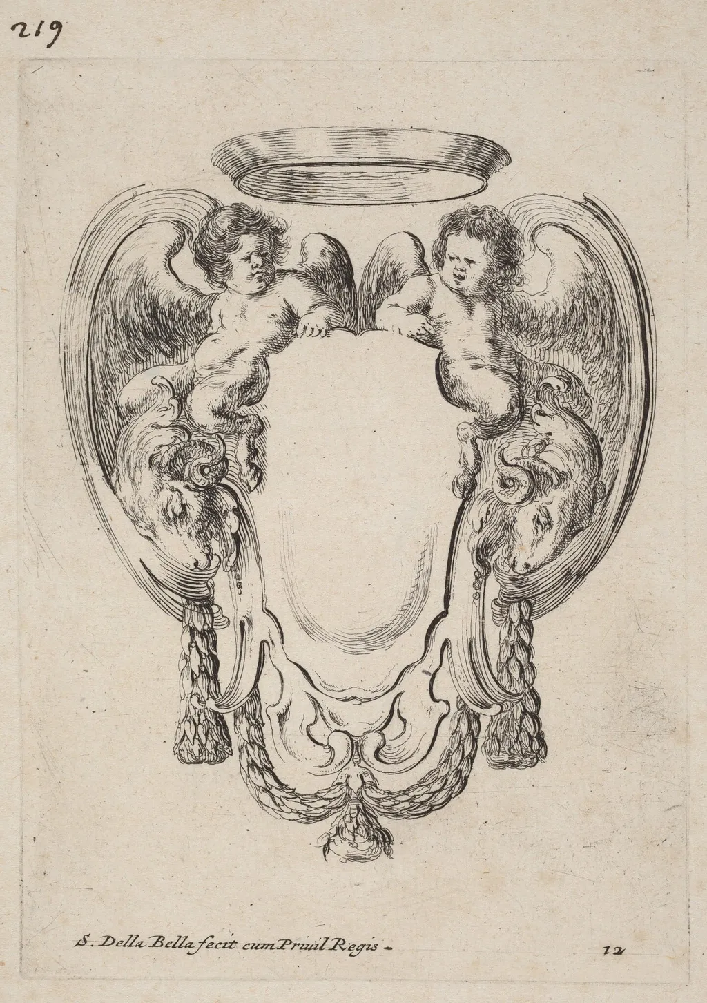 Cartouche with Rams and Infant Satyrs, by Stefano Della Bella, ink, 1647