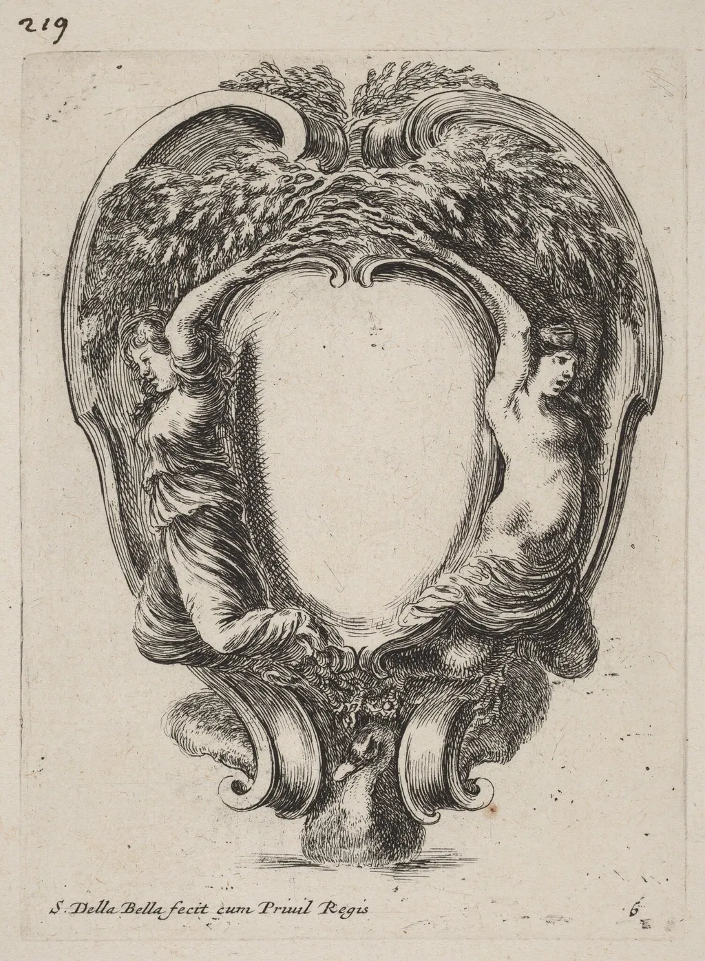 Cartouche with Two Nymphs Metamorphosed into Trees, by Stefano Della Bella, ink, 1647