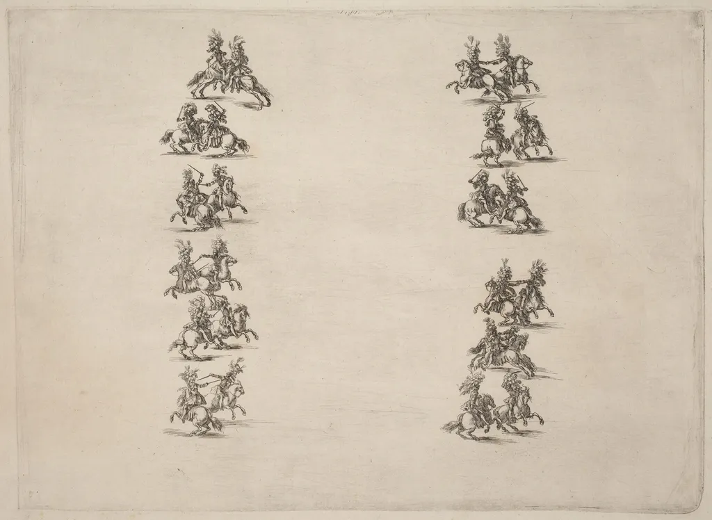 Cavaliers Fighting in Two Columns, by Stefano Della Bella, ink, 1652