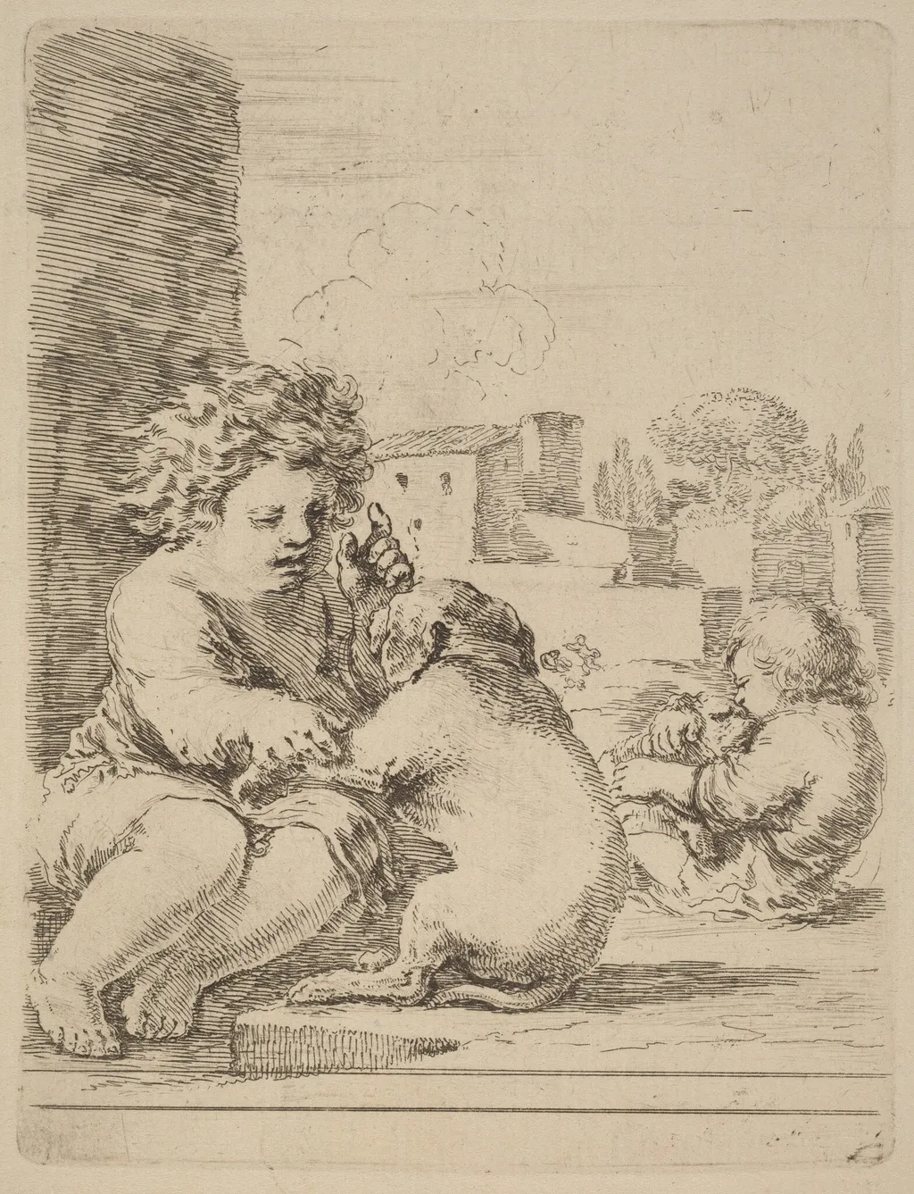 Child Playing with a Dog, by Stefano Della Bella, ink, 1637
