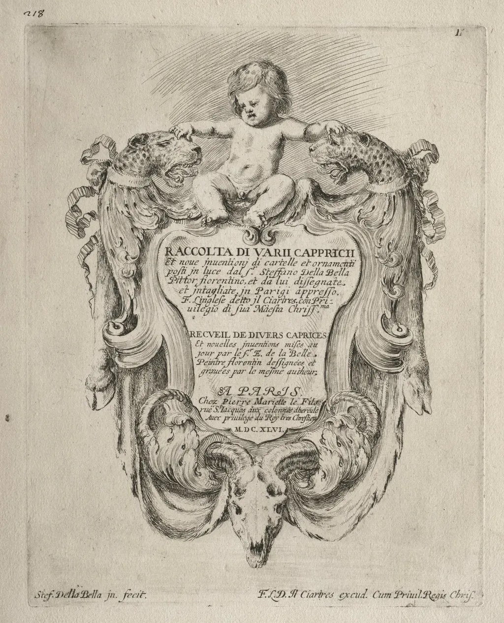 Collection of Various Caprices and New Designs of Cartouches and Ornaments: No 1, Title Page, by Stefano Della Bella, 1646