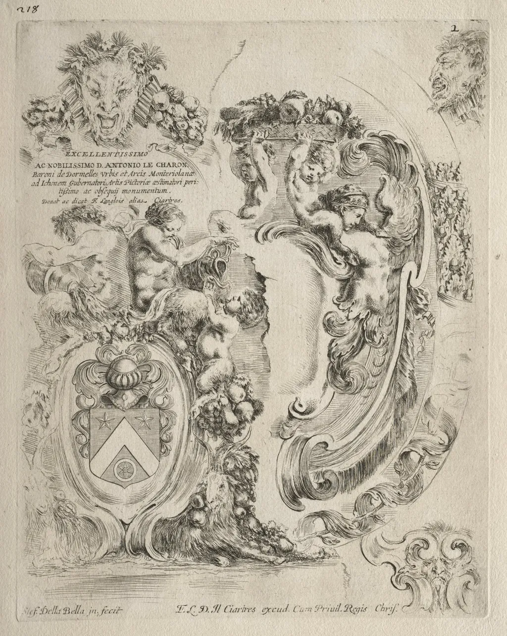 Collection of Various Caprices and New Designs of Cartouches and Ornaments: No. 2, Dedication Page, by Stefano Della Bella, 1646