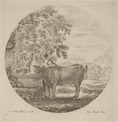 Cow and Young Shepherd at a Fountain, by Stefano Della Bella