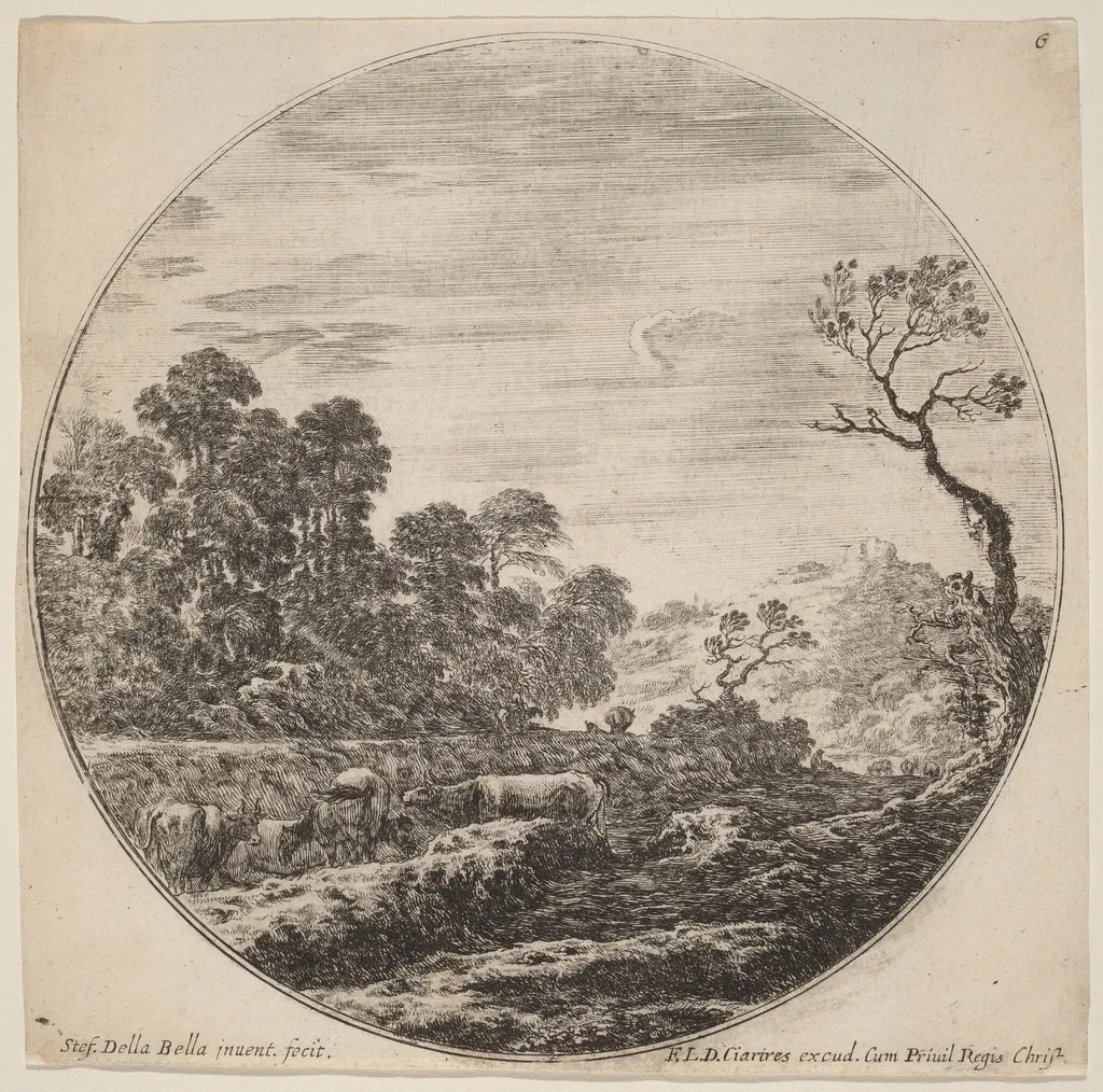 Cows Grazing in a Valley, by Stefano Della Bella, ink, 1646