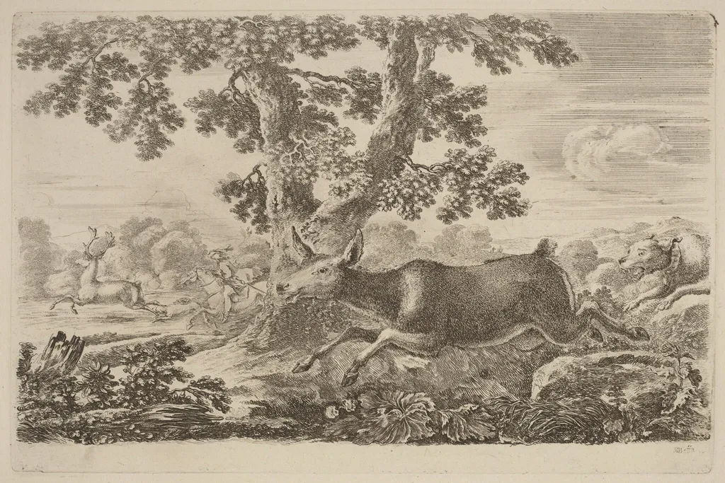 Deer Chased by a Dog to the Right, by Stefano Della Bella, ink, 1637