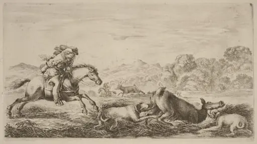 Doe in a Marsh Attacked by Two Dogs, by Stefano Della Bella