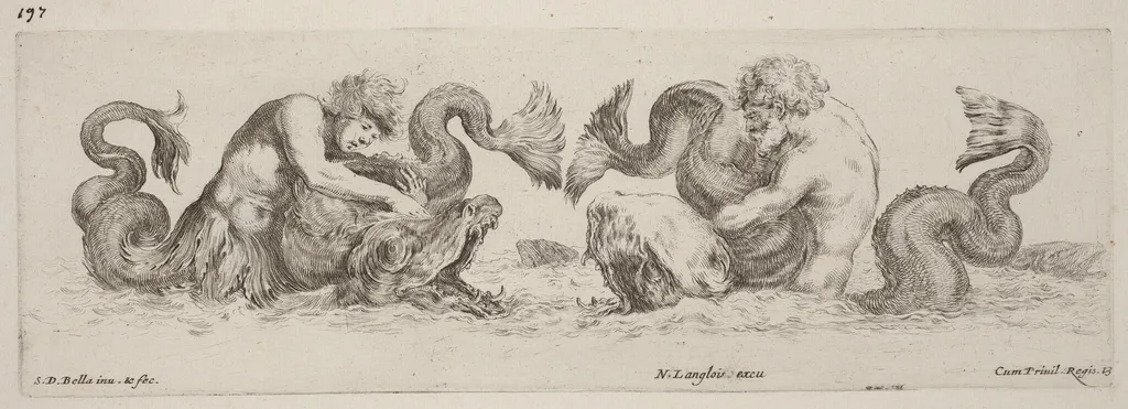 Dolphins and Tritons, by Stefano Della Bella, ink, 1648