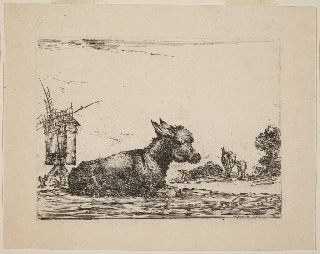 Donkey Resting, by Stefano Della Bella, ink, 1642