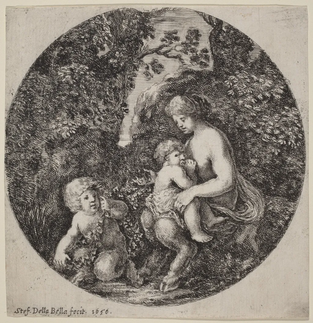 Female Satyr Nursing a Child in a Wooded Landscape, by Stefano Della Bella, ink, 1656