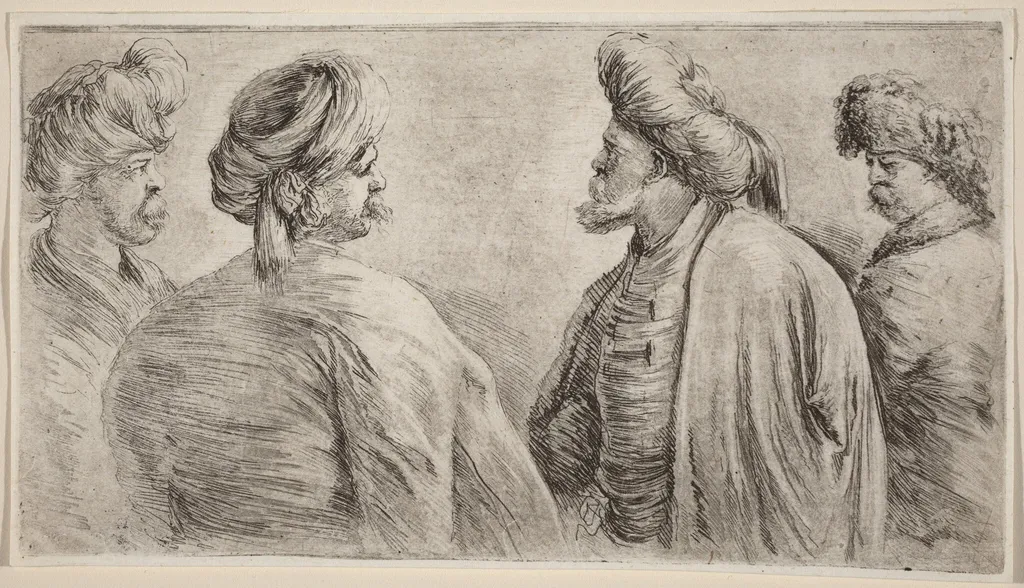 Four Turks Wearing Turbans, by Stefano Della Bella, ink, 1662