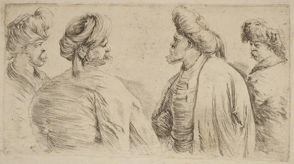 Four Turks Wearing Turbans, by Stefano Della Bella, ink, 1637