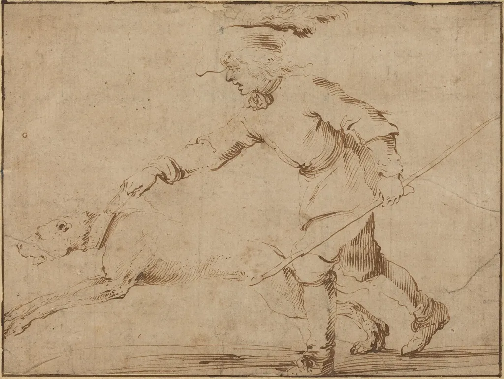 Huntsman with a Hound on a Leash, by Stefano Della Bella, ink, 1637