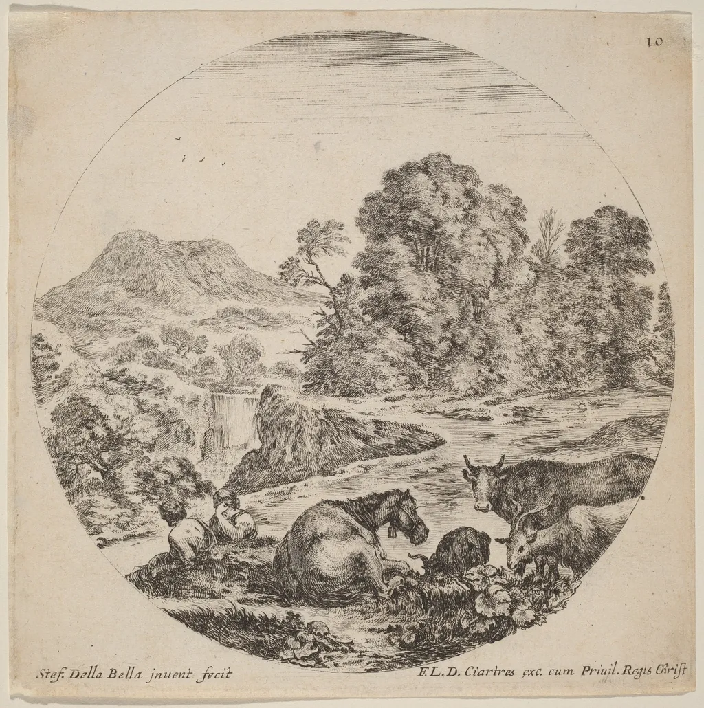 Landscape with Animals and Two Seated Shepherds, by Stefano Della Bella, ink, 1646