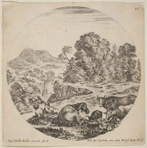 Landscape with Animals and Two Seated Shepherds, by Stefano Della Bella
