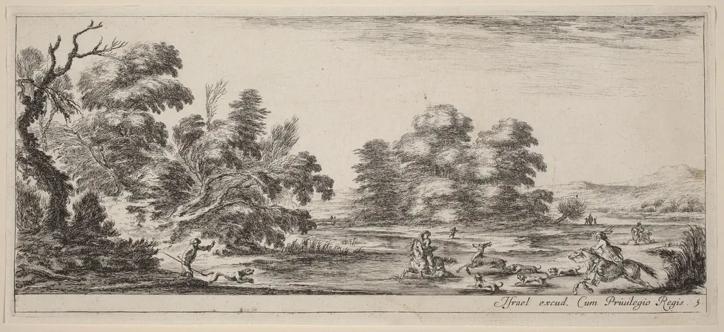 Landscape with Deer Hunt, by Stefano Della Bella, ink, 1647