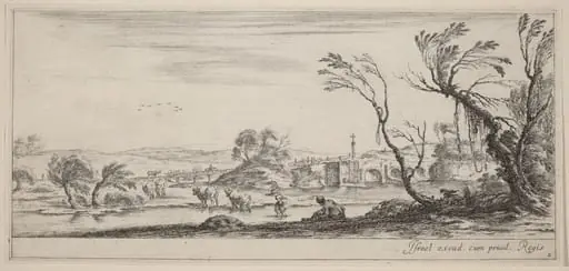 Landscape with Peasant Preparing to Cross a Stream, by Stefano Della Bella