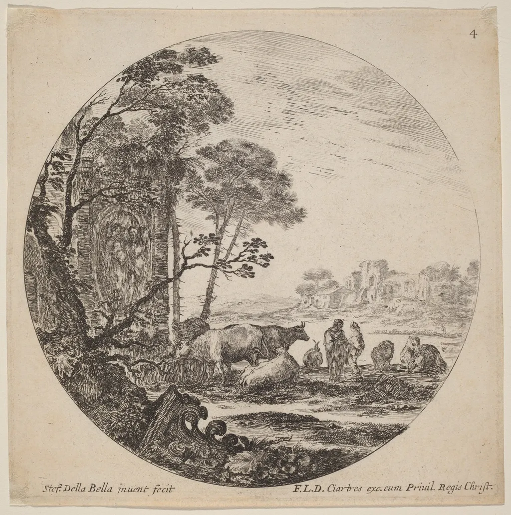 Landscape with Roman Ruins, by Stefano Della Bella, ink, 1646