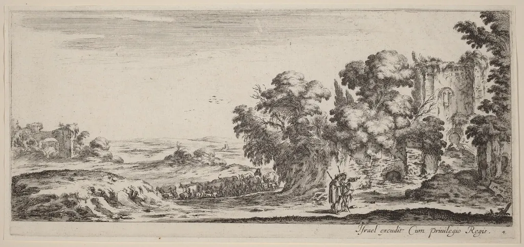 Landscape with Ruins, by Stefano Della Bella, ink, 1647