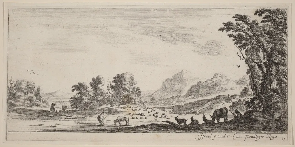 Landscape with Shepherd Guarding his Flock, by Stefano Della Bella, ink, 1647