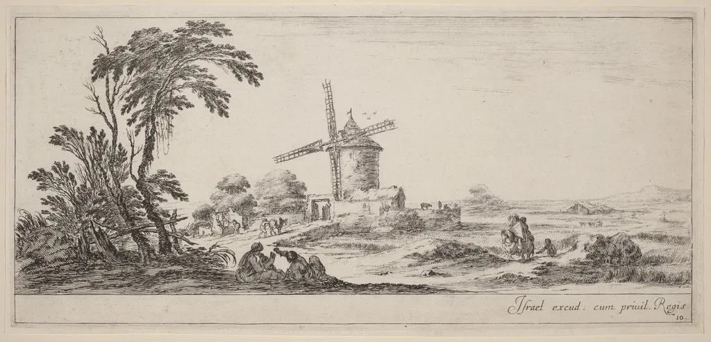 Landscape with Windmill, by Stefano Della Bella, ink, 1647