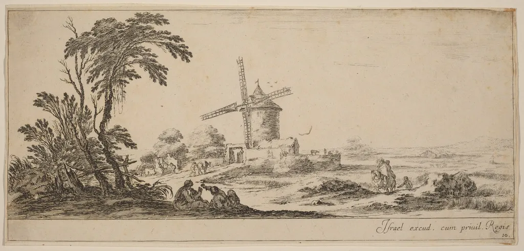 Landscape with Windmill, by Stefano Della Bella, ink, 1647