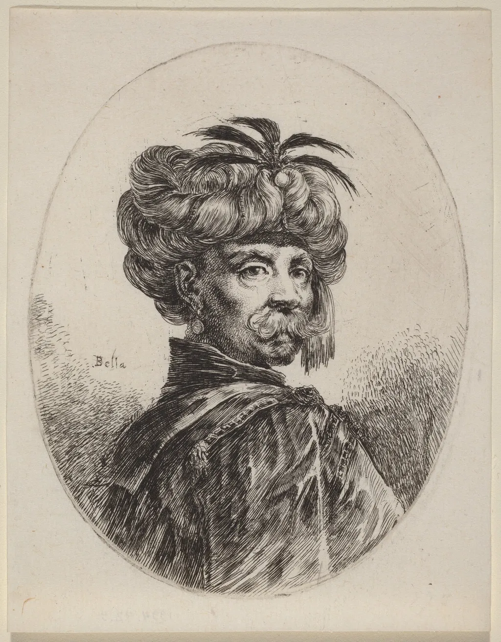 Moor in a Turban Trimmed with Five Feathers, by Stefano Della Bella, ink, 1650