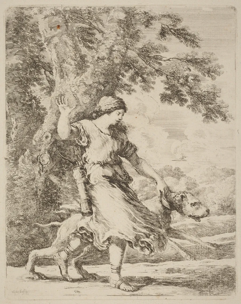Nymph Holding a Large Dog by a Collar, by Stefano Della Bella, ink, 1637