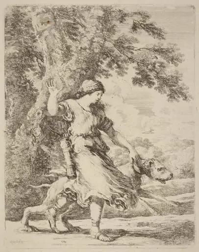 Nymph Holding a Large Dog by a Collar, by Stefano Della Bella