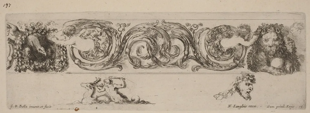 Ornamental Frieze with Eagle and Lion Engarlanded by Children, by Stefano Della Bella, ink, 1648