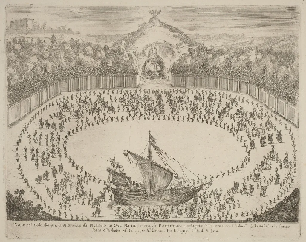 Parade with a Chariot Having the Form of a Ship, by Stefano Della Bella, ink, 1652