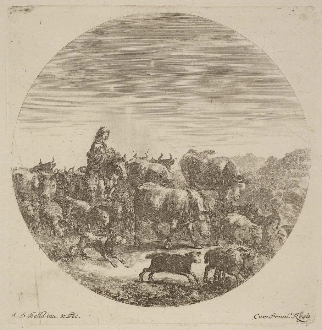 Peasant Seated on a Horse with Cows, Sheep, and Goats, by Stefano Della Bella, ink, 1637