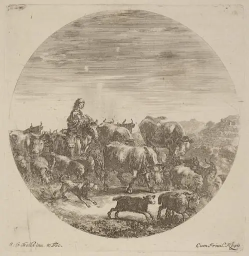 Peasant Seated on a Horse with Cows, Sheep, and Goats, by Stefano Della Bella