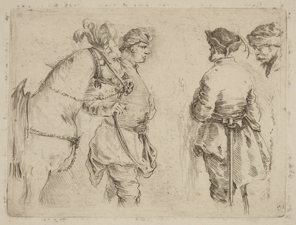 Pole Holding the Bridle of a Horse while Speaking with Two Other Men, by Stefano Della Bella, ink, 1637