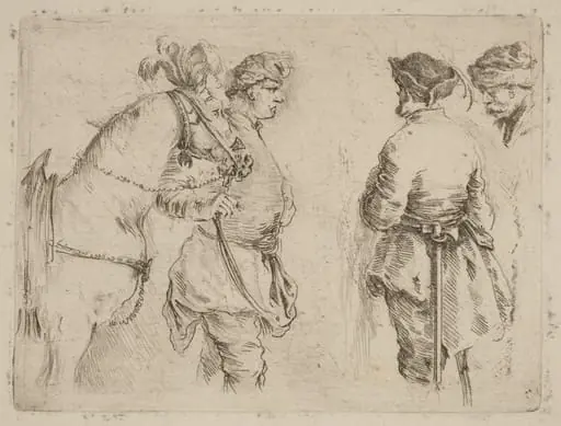 Pole Holding the Bridle of a Horse while Speaking with Two Other Men, by Stefano Della Bella