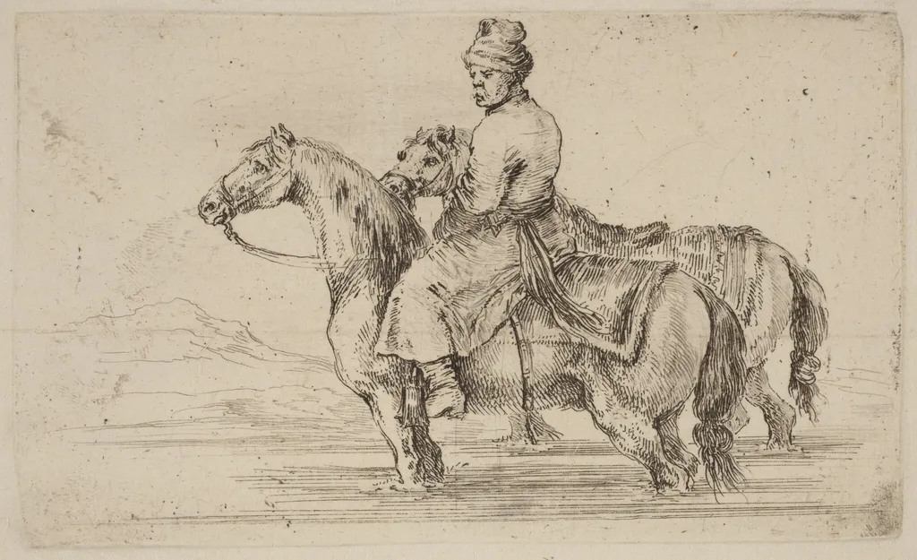 Polish Attendant with Two Horses, by Stefano Della Bella, ink, 1637