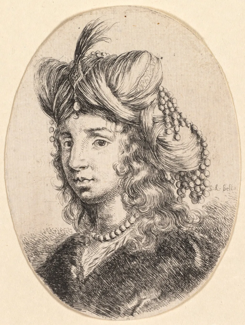Several heads in the Persian style: Portrait, Sultana Wearing a Pearl Necklace and a Turban (Plusieurs têtes coiffées à la persienne), by Stefano Della Bella, 1650