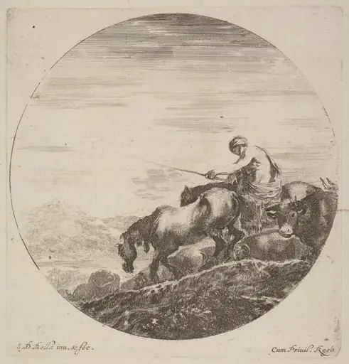 Shepherd on a Horse Driving a Herd of Various Animals