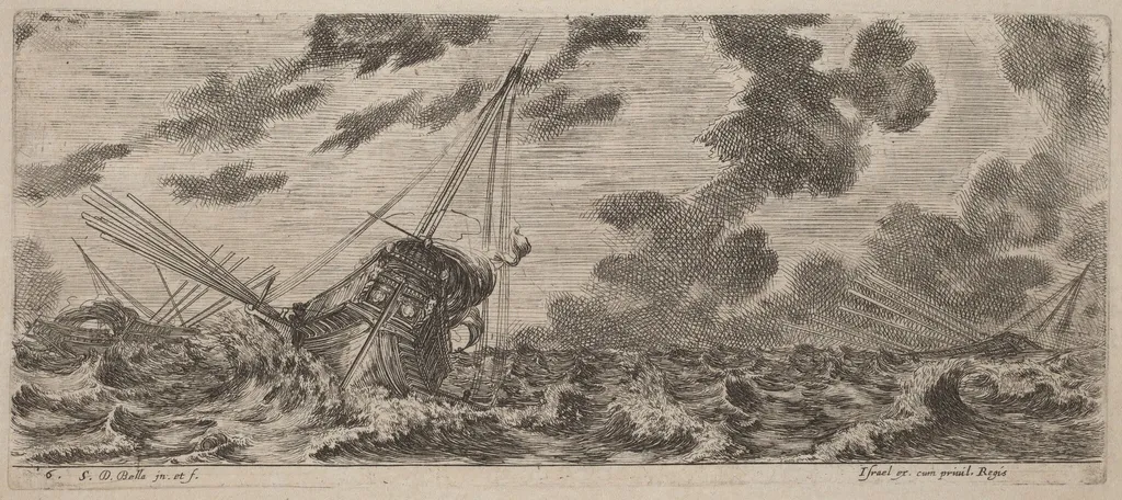 Ship in Tempest, by Stefano Della Bella, ink, 1644