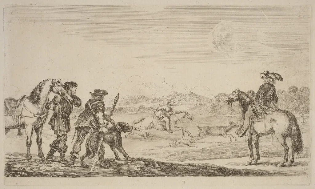 Small Deer Chased by a Cavalier, by Stefano Della Bella, ink, 1637