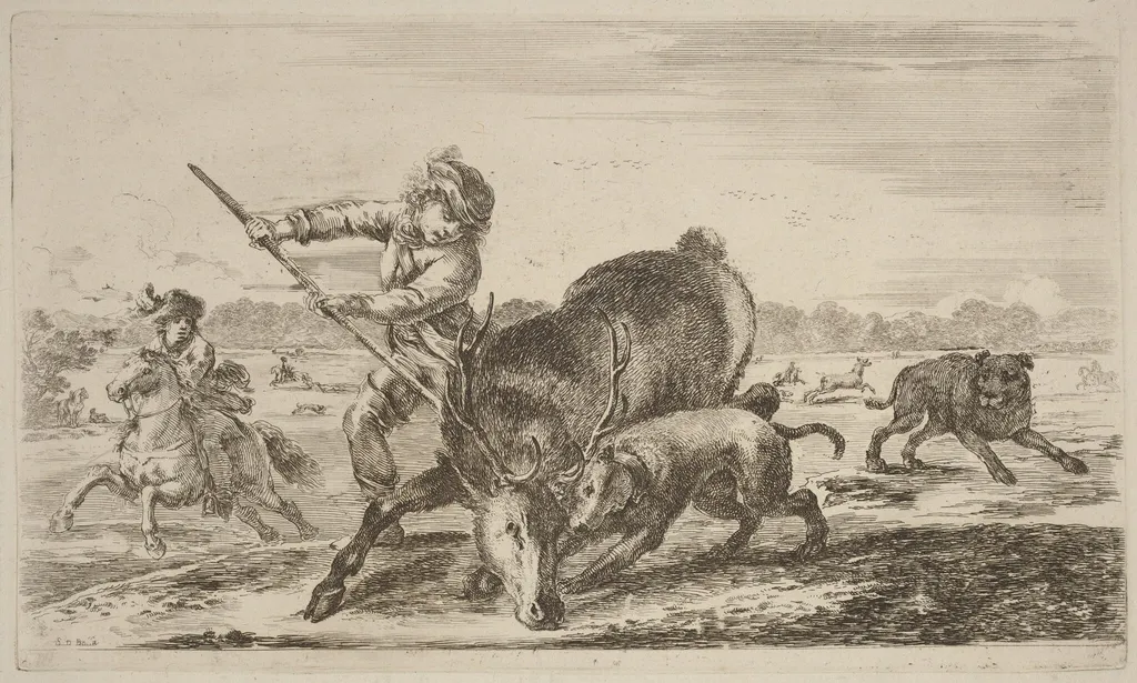 Stag at Bay, by Stefano Della Bella, ink, 1637